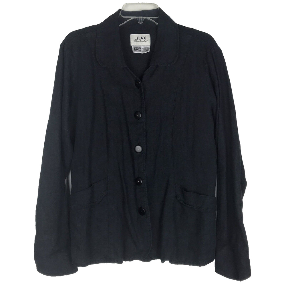 Flax Jeanne Engelhart Linen Shacket Button Jacket Black Pockets Lagenlook Small